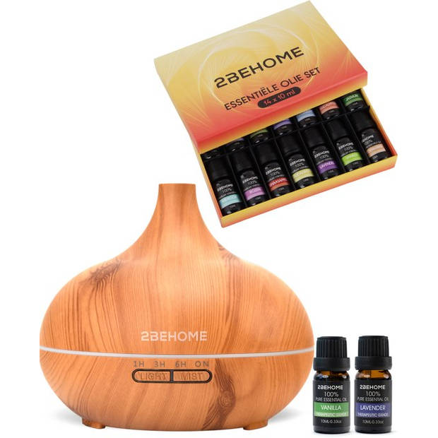 2BEHOME Aroma Diffuser 550ML met Afstandsbediening -Incl. 16 Etherische Oliën Cadeauset -Lichte houtlook - 7 LED Kleuren