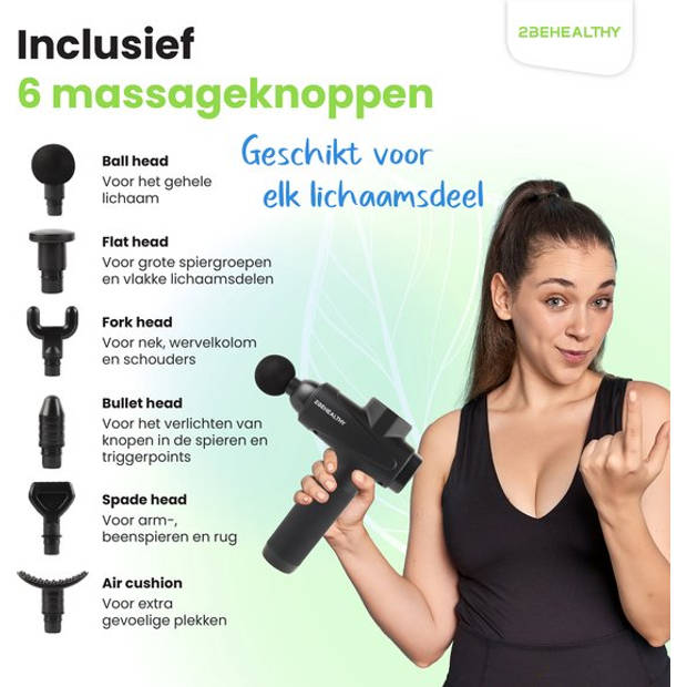 2BEHEALTHY Massage Gun Professioneel - Incl. 6 Opzetstukken en 30 Massagestanden - Sport en Relax Massage Pistool