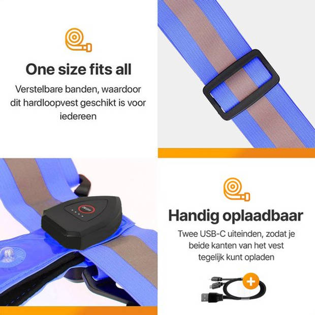 R2B Hardloopvest oplaadbaar - Inclusief USB-C kabel - Hardloop Verlichting aan voor- en achterkant - Reflecterend- Blauw