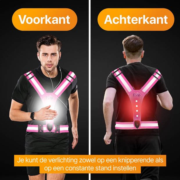 R2B Hardloopvest oplaadbaar - Inclusief USB-C kabel - Hardloop Verlichting aan voor- en achterkant - Reflecterend - Roze