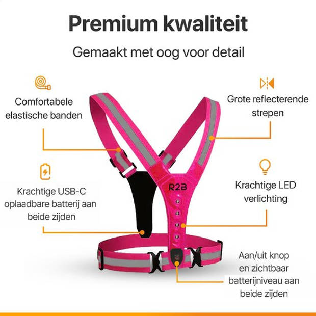 R2B Hardloopvest oplaadbaar - Inclusief USB-C kabel - Hardloop Verlichting aan voor- en achterkant - Reflecterend - Roze