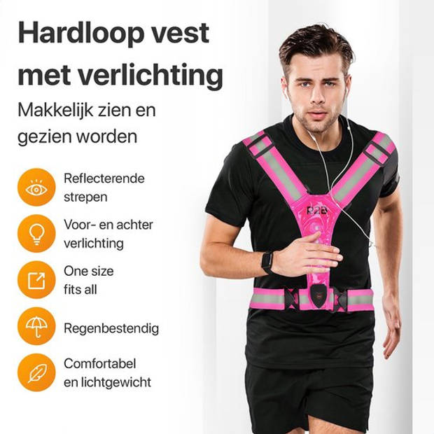 R2B Hardloopvest oplaadbaar - Inclusief USB-C kabel - Hardloop Verlichting aan voor- en achterkant - Reflecterend - Roze