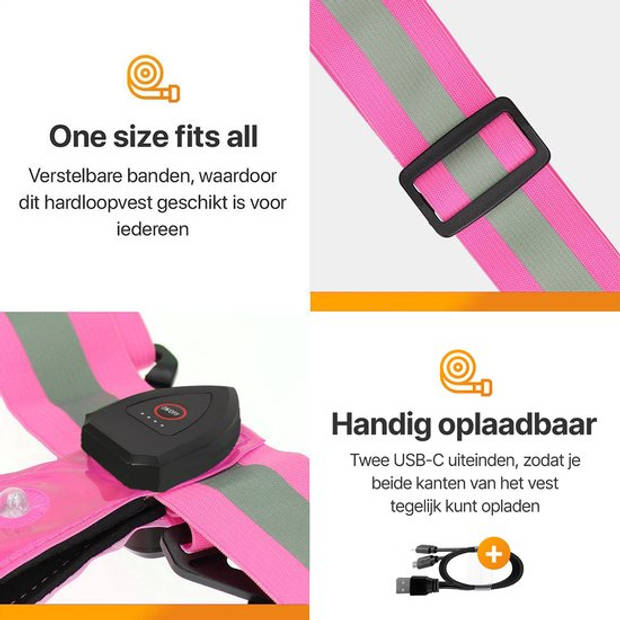 R2B Hardloopvest oplaadbaar - Inclusief USB-C kabel - Hardloop Verlichting aan voor- en achterkant - Reflecterend - Roze