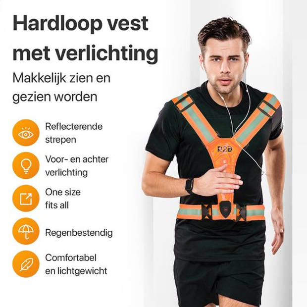 R2B Hardloopvest oplaadbaar - Inclusief USB-C kabel - Hardloop Verlichting voor- en achterkant - Reflecterend -Oranje