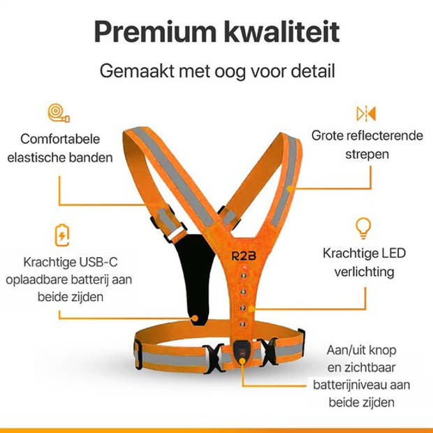 R2B Hardloopvest oplaadbaar - Inclusief USB-C kabel - Hardloop Verlichting voor- en achterkant - Reflecterend -Oranje