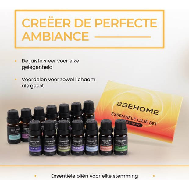 2BEHOME Etherische Olie Set - 14 Geuren - Essentiële olie diffuser - Incl. Lavendel, Vanille, Eucalyptus en meer