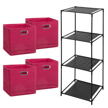 5Five Opbergrek Smartrack - met 4x mandjes stof - roze - 34 x 98 cm - Opbergkastjes