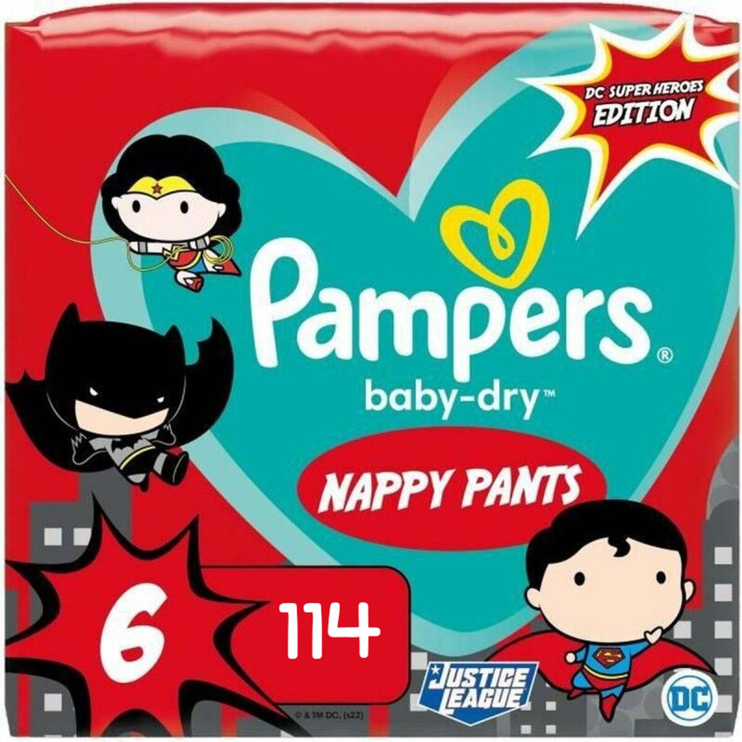 Pampers Baby Dry Pants maat 6 114 luierbroekjes (6 x 19) 15+kg Justice League-Superheldeneditie