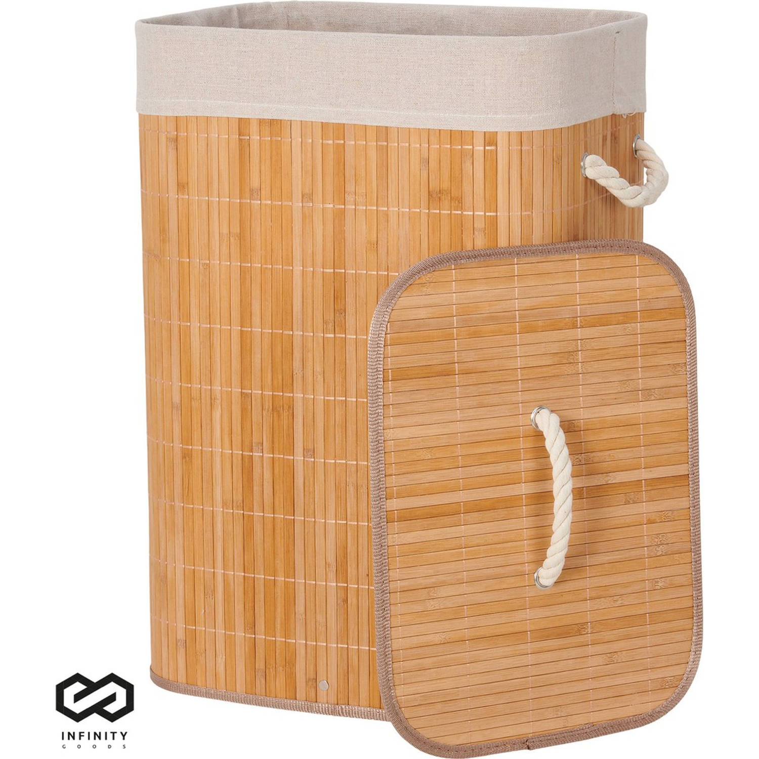 Infinity Goods Bamboe Wasmand met Deksel - Wassorteerder - Wasbare katoenen waszak - Handvatten - 72 Liter - Natuurlijk