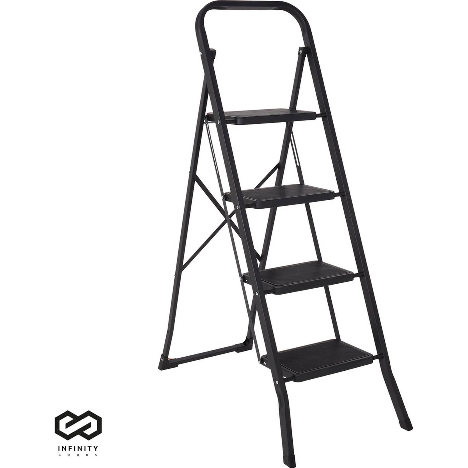 Infinity Goods Stevige Huishoudtrap 4 Treden Keukentrap Inklapbaar Anti-Slip Trap Ladder Opvouwbaar 