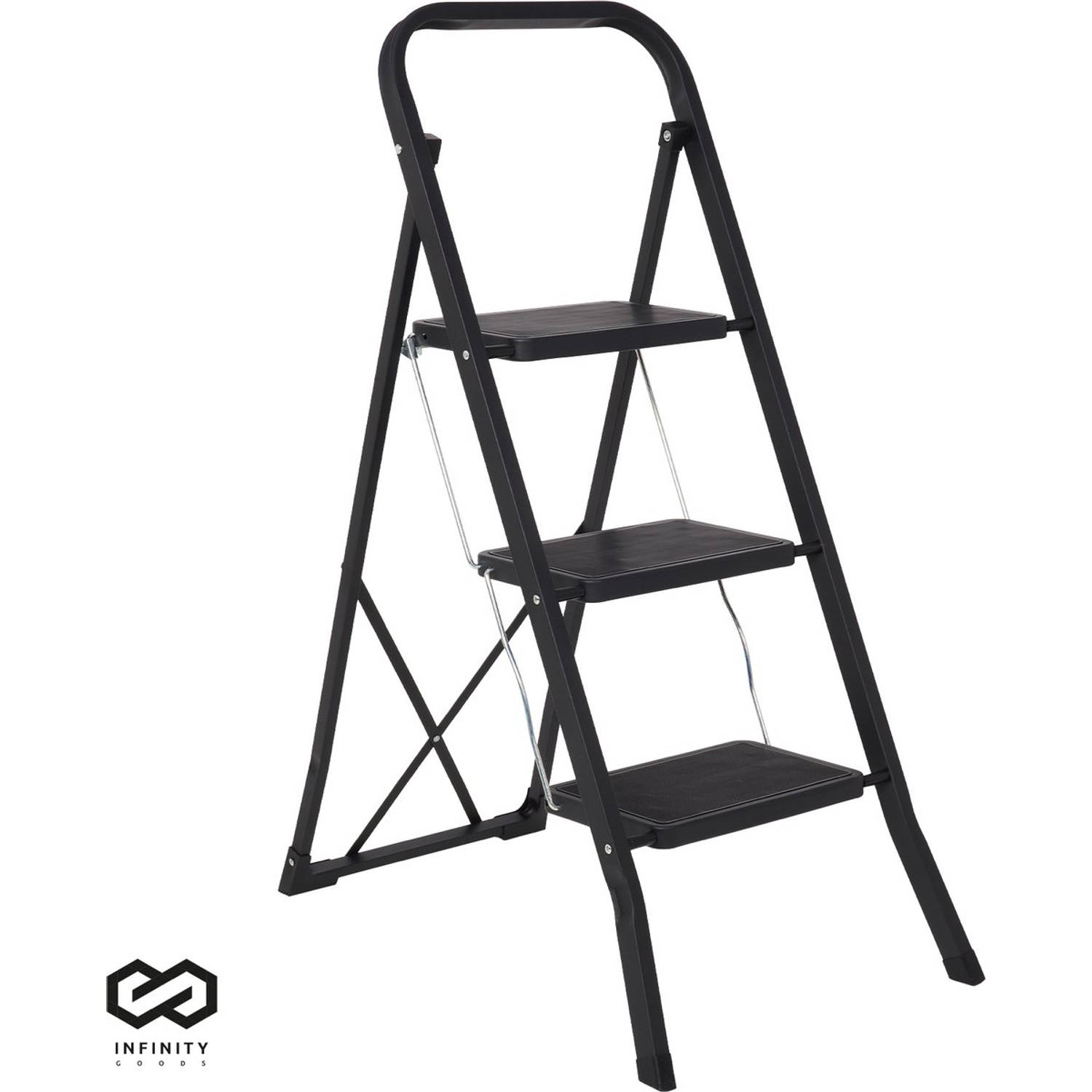 Infinity Goods Stevige Huishoudtrap 3 Treden - Keukentrap Inklapbaar - Anti-Slip - Trap Ladder - Opvouwbaar - Metaal - Zwart