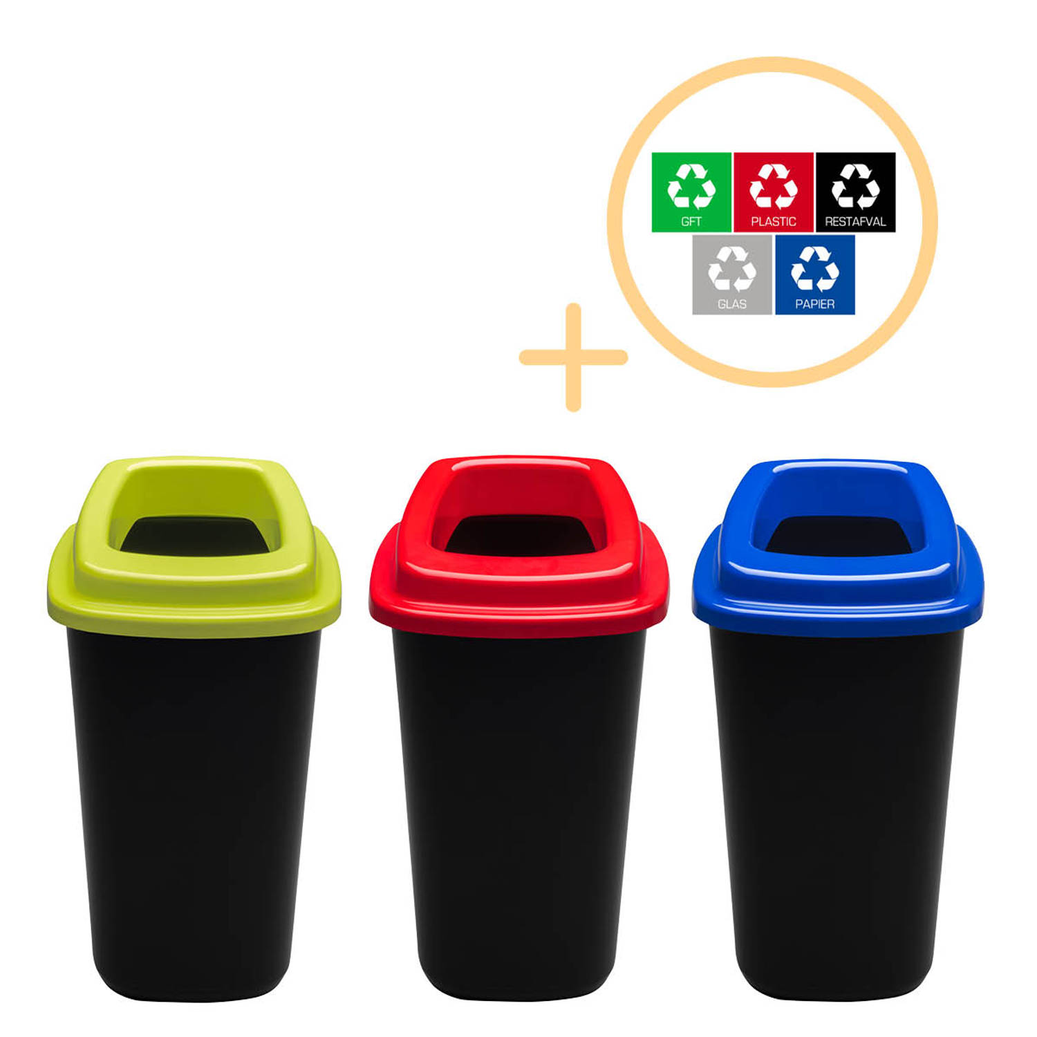 Plafor Sort Bin, Prullenbak voor afvalscheiding - 45L – Set van 3, Blauw/Groen/Rood - Inclusief 5-delige Stickerset - Recyclen