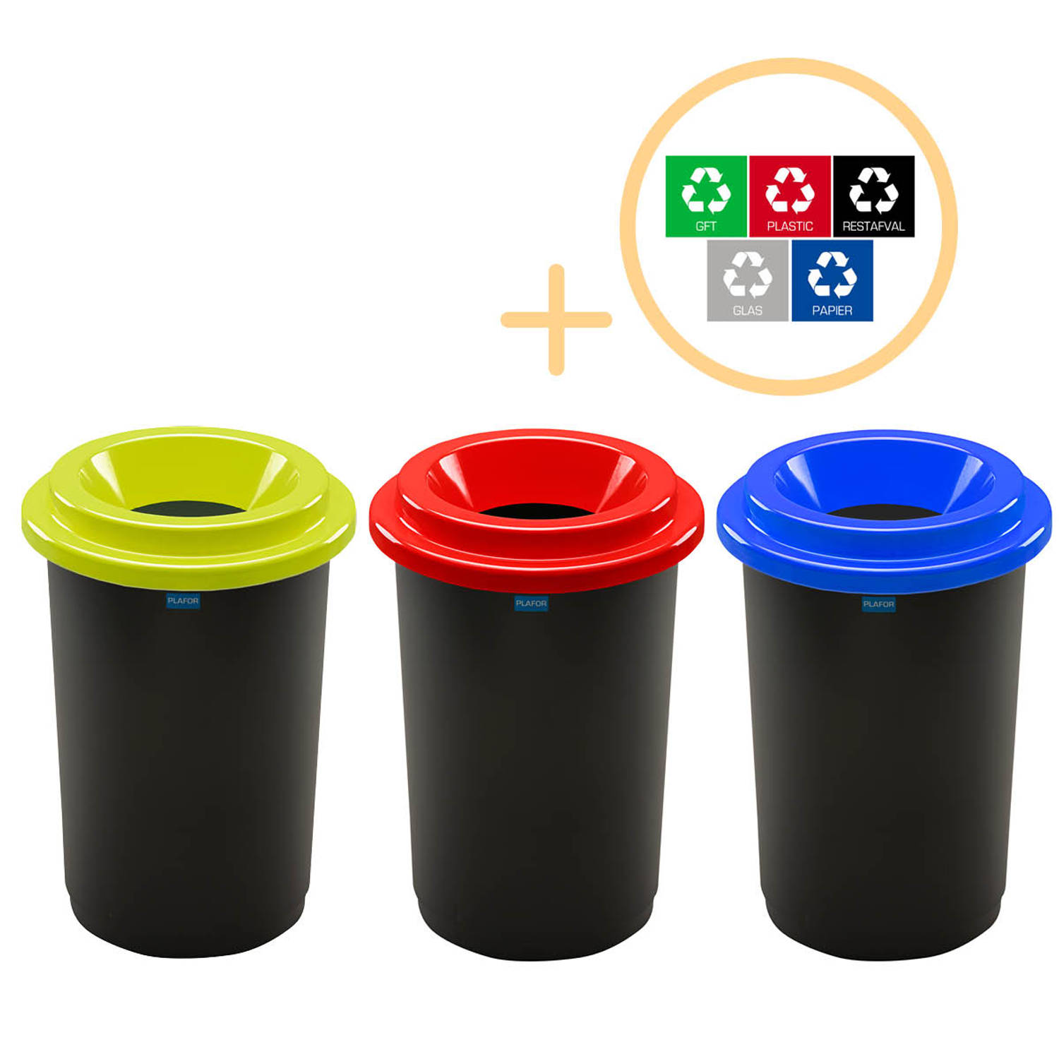 Plafor Eco Bin, Prullenbak voor afvalscheiding - 50L – Set van 3, Blauw/Groen/Rood - Inclusief 5-delige Stickerset - Afvalbak voor gemakkelijk Afval Scheiden en Recycling - Afvalem
