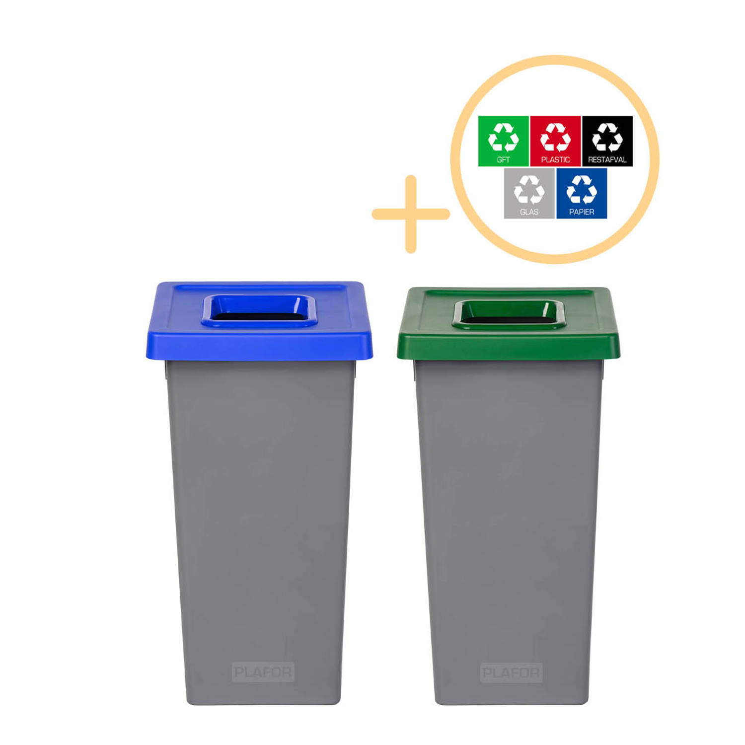 Plafor Fit Bin, Prullenbak voor afvalscheiding - 75L – Set van 2, Blauw/Groen- Inclusief 5-delige Stickerset - Afvalbak voor gemakkelijk Afval Scheiden en Recycling - Afvalemmer -