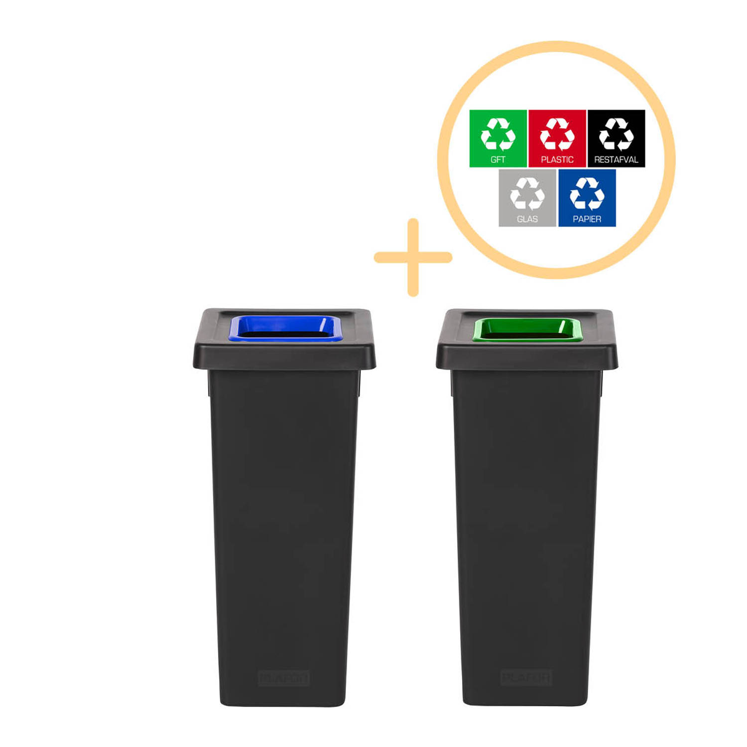 Plafor Fit Bin, Prullenbak voor afvalscheiding - 53L – Set van 2, Blauw/Groen- Inclusief 5-delige Stickerset - Afvalbak voor gemakkelijk Afval Scheiden en Recycling - Afvalemmer -