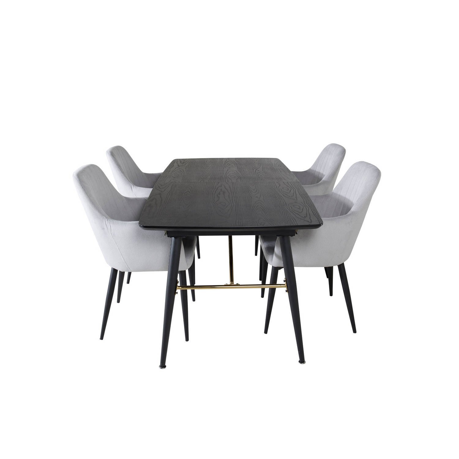 Gold eethoek eetkamertafel uitschuifbare tafel lengte cm 180 / 220 zwart en 4 Comfort eetkamerstal fluweel lichtgrijs, zwart.