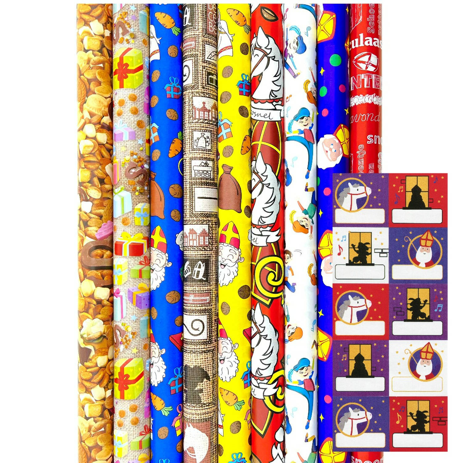 Sinterklaas Cadeaupapier - Assortiment Sinterklaaspapier Inpakpapier inc. 20 Naamstickers - 300 x 70 cm - 3 rollen
