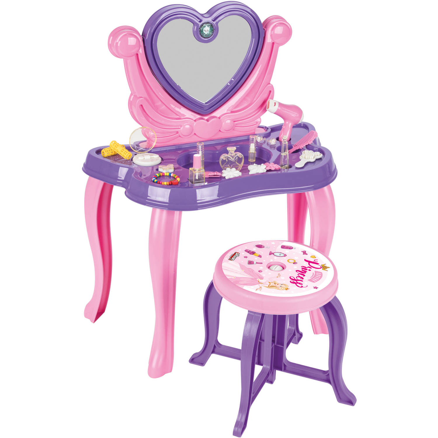 Pilsan Heart Speelgoed Make-uptafel | Tafel Met Spiegel En Kruk + Accessoires | Met Geluid | Paars/Roze | 21-delig