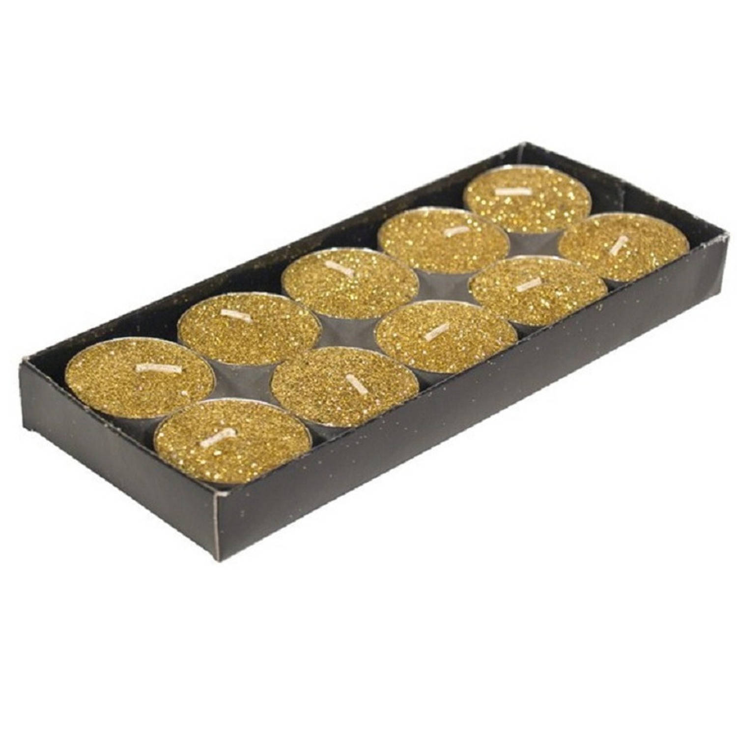 Gerimport theelichtjes/waxinelichtjes kaarsjes- 10x - goud glitters 3,5 cm