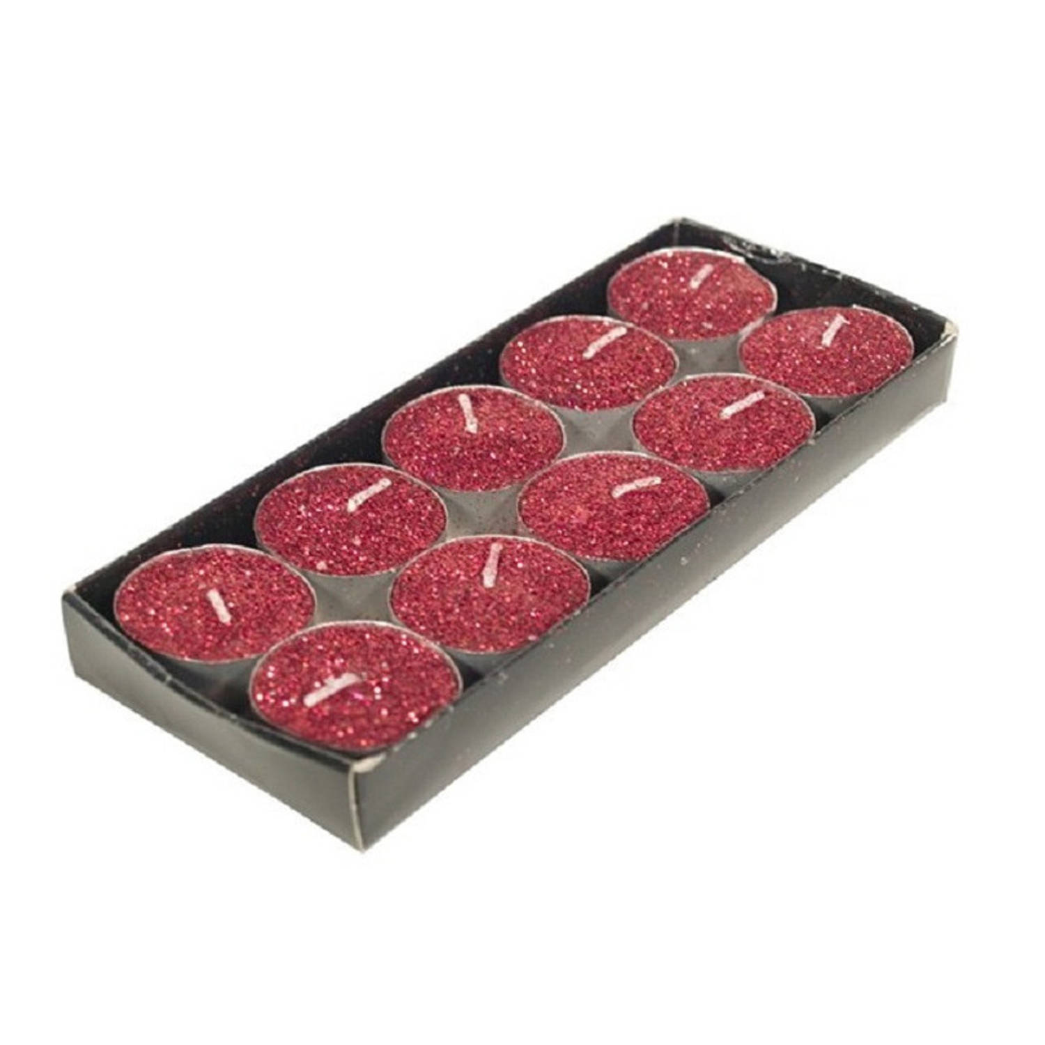 Gerimport theelichtjes/waxinelichtjes kaarsjes- 10x - rood glitters 3,5 cm