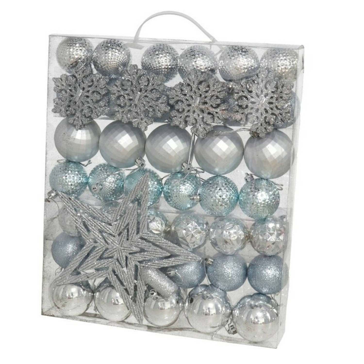 Gerim - kerstballen set met ster piek 57-delig - kunststof - zilver/blauw