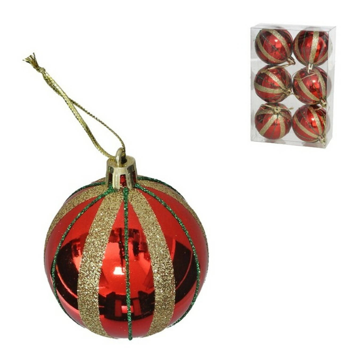 Gerim gedecoreerde kerstballen - 6x - 6 cm - kunststof - rood/goud