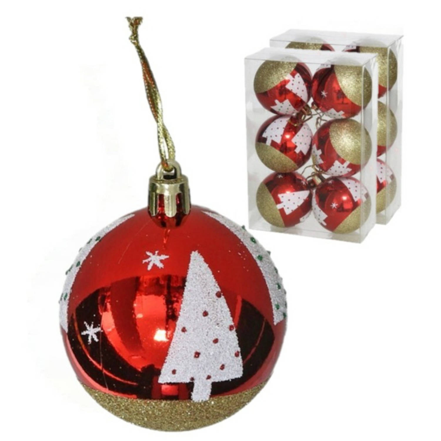 Kerstballen gedecoreerd 12x 6 cm kunststof -rood met kerstboom Kerstbal