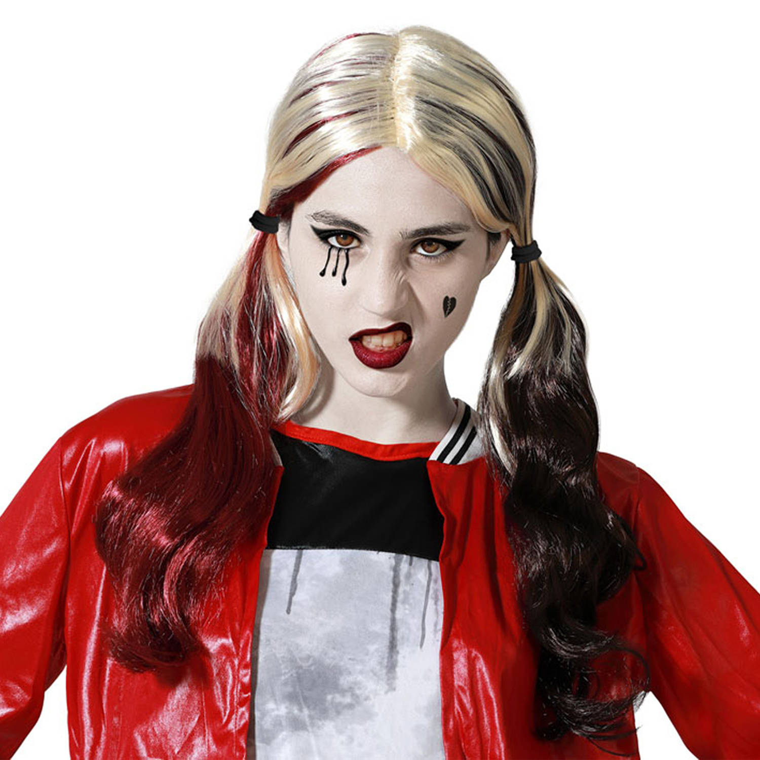 Atosa Halloween verkleedpruik lang haar met staartjes - zwart/blond/rood - dames