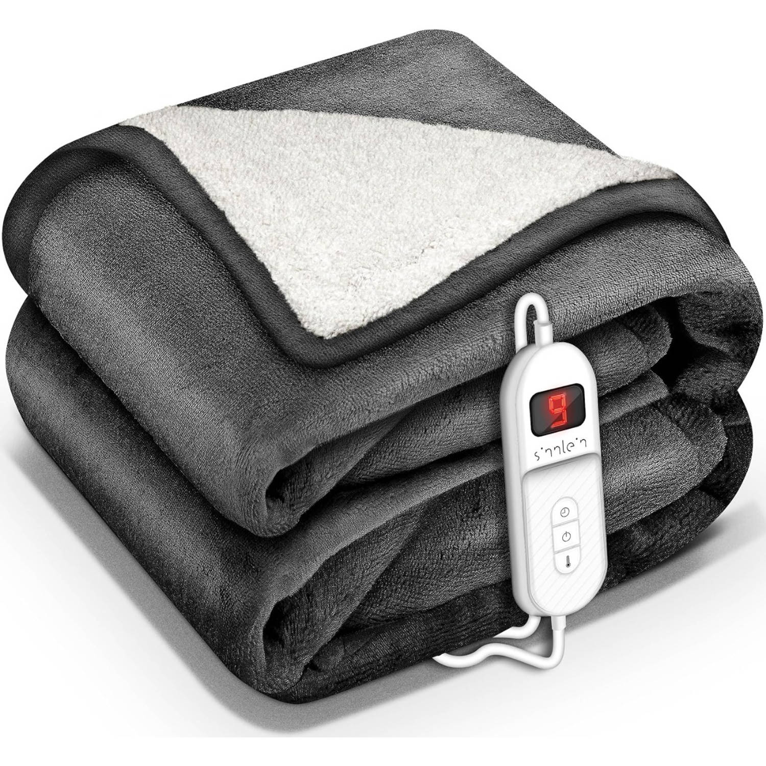 Sinnlein- Elektrische deken met automatische uitschakeling, antraciet, 160x120 cm, warmtedeken met 9 temperatuurniveaus, knuffeldeken, wasbaar