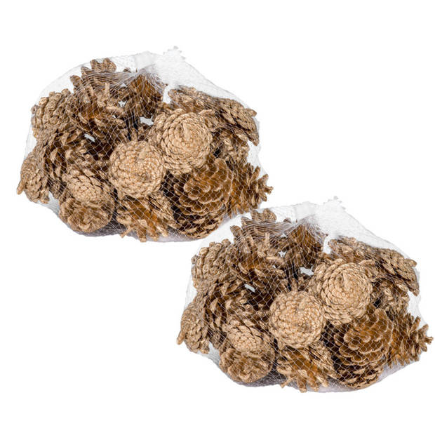 2x zakjes met 300 gram decoratie dennenappels goud 5 x 5 cm - Kerststukjes