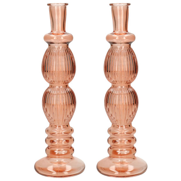 Kaarsen kandelaar Florence - 2x - zacht oranje glas - ribbel - D9 x H28 cm - kaars kandelaars