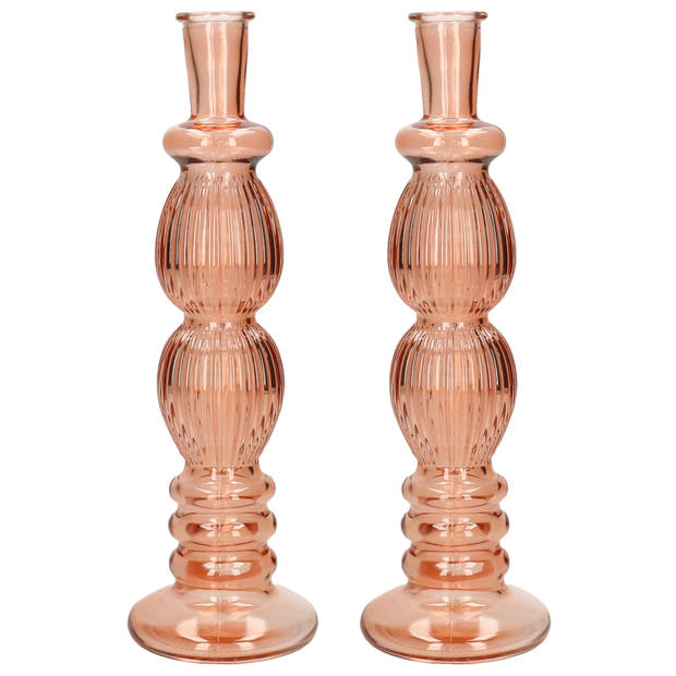 Ideas 4 Seasons Bloemenvaas Florence - 2x - zacht oranje glas - ribbel - D9 x H28 cm - Vazen