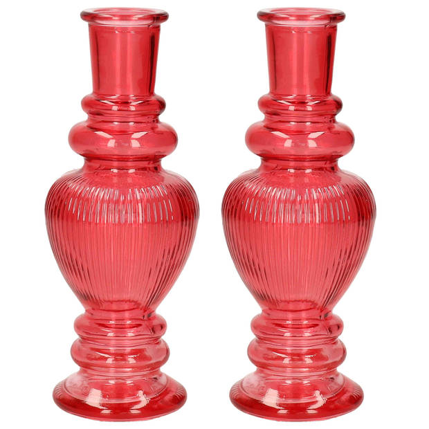 Ideas 4 Seasons Bloemenvaas Venice - 2x - voor kleine stelen/boeketten - gekleurd sierglas - ribbel koraal rood - D5.7 x