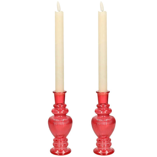 Kaarsen kandelaar Venice - 2x - gekleurd glas - ribbel rood - D5,7 x H15 cm - kaars kandelaars