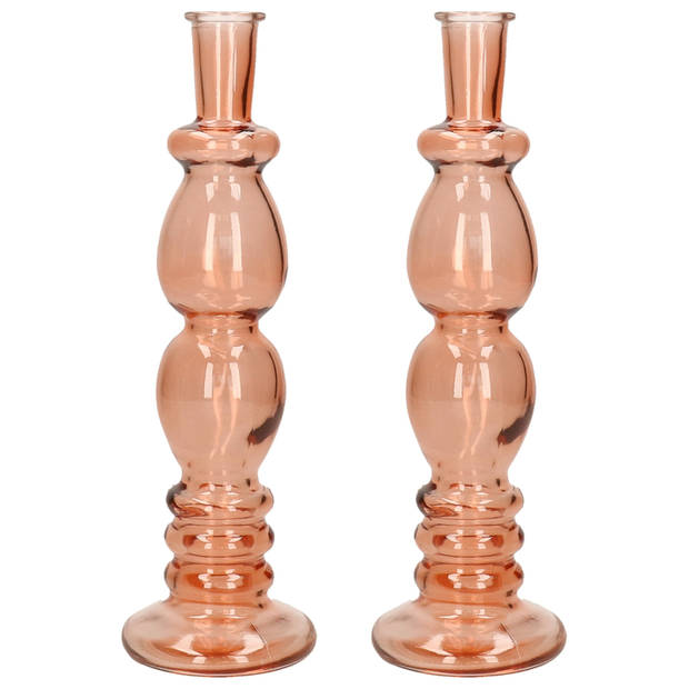 Kaarsen kandelaar Florence - 2x - zacht oranje glas - helder - D9 x H28 cm - kaars kandelaars