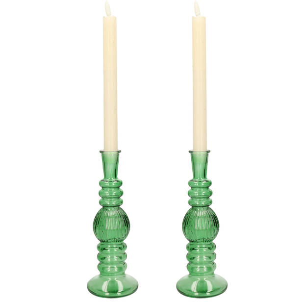 Kaarsen kandelaar Florence - 2x - groen glas - ribbel - D8,5 x H23 cm - kaars kandelaars