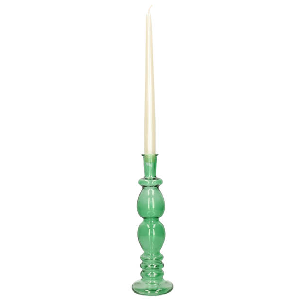Kaarsen kandelaar Florence - groen glas - helder - D9 x H28 cm - kaars kandelaars