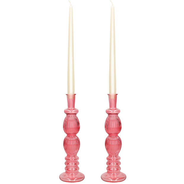 Kaarsen kandelaar Florence - 2x - koraal rood glas - ribbel - D9 x H28 cm - kaars kandelaars