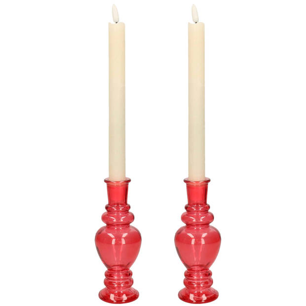 Kaarsen kandelaar Venice - 2x - gekleurd glas - helder koraal rood - D5,7 x H15 cm - kaars kandelaars