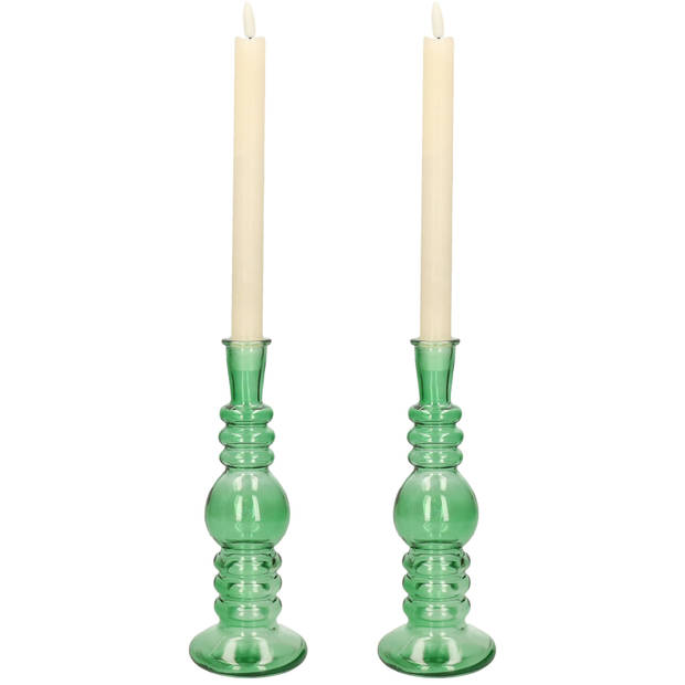 Kaarsen kandelaar Florence - 2x - groen glas - helder - D8,5 x H23 cm - kaars kandelaars