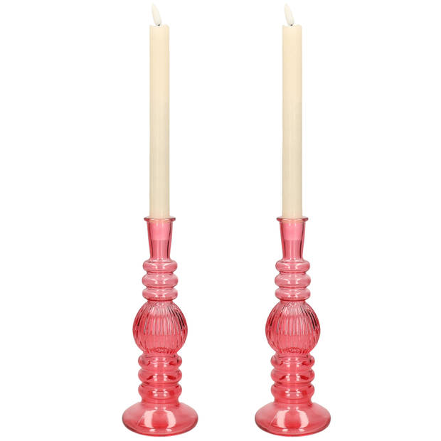 Kaarsen kandelaar Florence - 2x - koraal rood glas - ribbel - D8,5 x H23 cm - kaars kandelaars