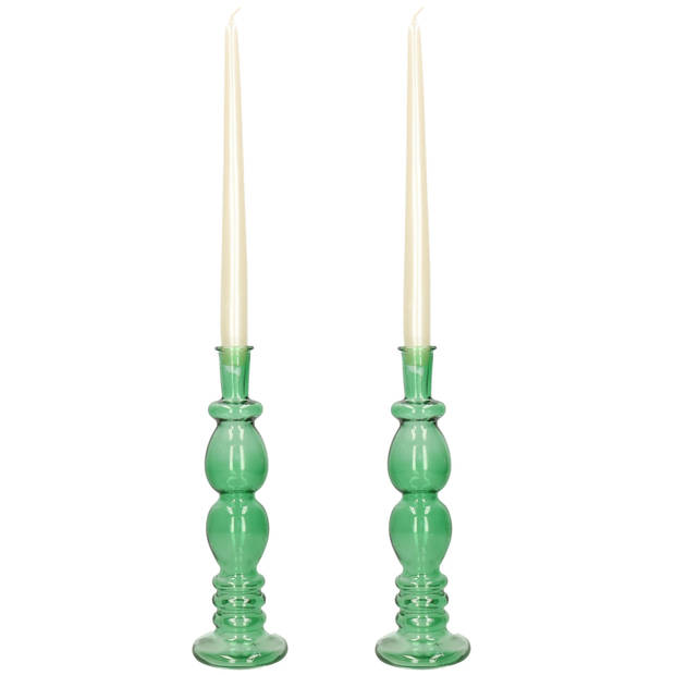 Kaarsen kandelaar Florence - 2x - groen glas - helder - D9 x H28 cm - kaars kandelaars