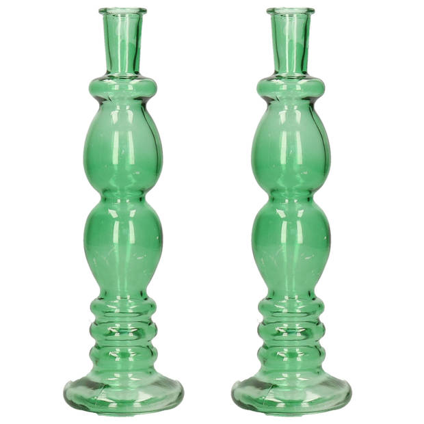 Kaarsen kandelaar Florence - 2x - groen glas - helder - D9 x H28 cm - kaars kandelaars