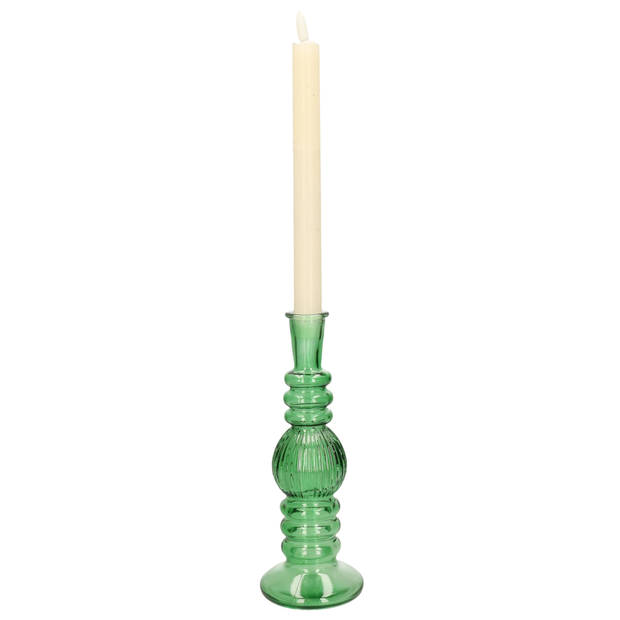 Kaarsen kandelaar Florence - groen glas - ribbel - D8,5 x H23 cm - kaars kandelaars