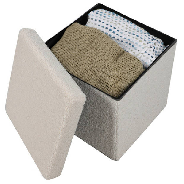 Urban Living Poef Teddy BOX - 2x - hocker - opbergbox - creme wit - polyester/mdf - 38 x 38 cm - opvouwbaar - Poefs