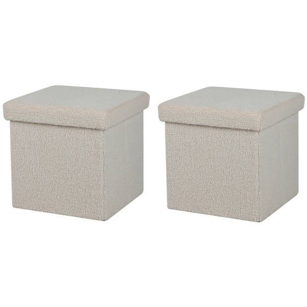 Urban Living Poef Teddy BOX - 2x - hocker - opbergbox - creme wit - polyester/mdf - 38 x 38 cm - opvouwbaar - Poefs