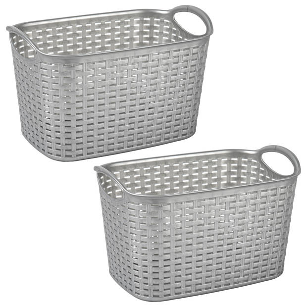 Plasticforte opbergmand/kastmandje - 2x - 19 liter - zilver - kunststof - 29 x 39 x 25 cm - Opbergbox