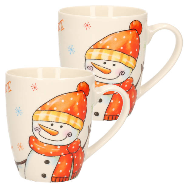 2x stuks kerstmok/wintermok sneeuwpop met oranje muts en sjaal van poreselein 10 cm - Bekers