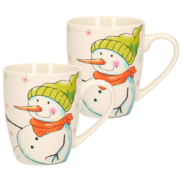 2x stuks kerstmok/wintermok sneeuwpop met groene muts en oranje sjaal van poreselein 10 cm - Bekers