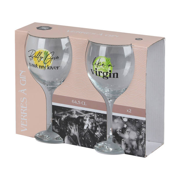 Urban Living gin/tonic glazen - gedecoreerd glas met tekst - 2x stuks - 645 ml - Cocktailglazen